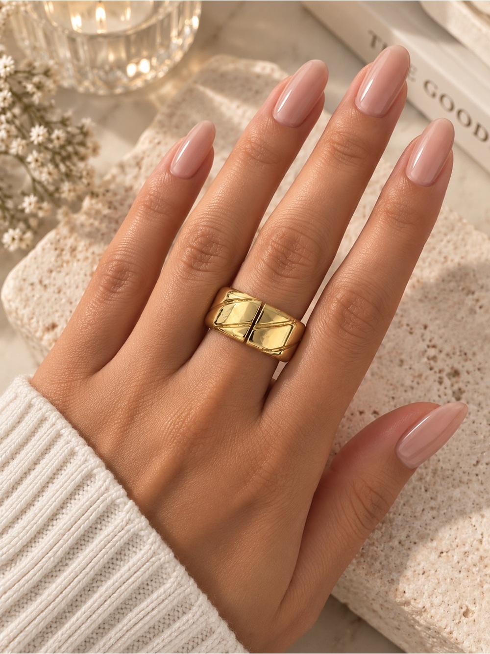 Classic Gold Wide Band Ring - adjustable stretch